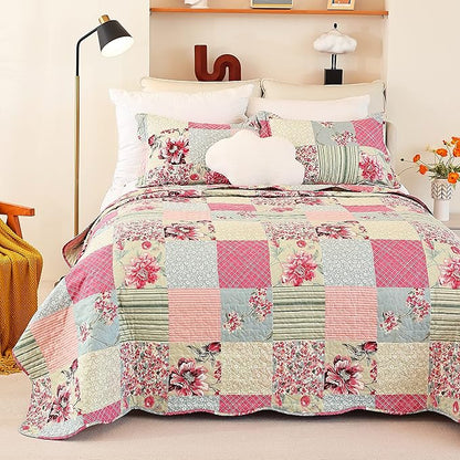 Cmfshape Summer Floral Queen Quilted Bedspread,Romantic Pink Quilt Set,Reversible Stitched Bedding Set All Season,Soft Lightweight Coverlet with Pillow Cases (Pink&Grey, Queen90 x90)