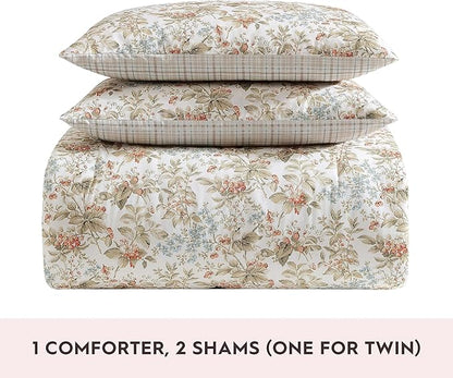 Floral comforter set with two matching shams on a white background