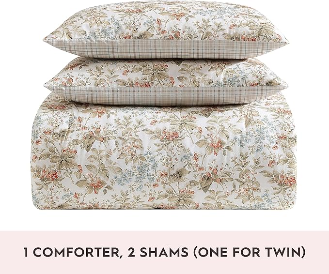 Laura Ashley - Twin Comforter Set, Reversible Cotton Bedding with Matching Sham, Floral Home Decor with Plaid Reverse (Bramble Floral Beige, Twin)