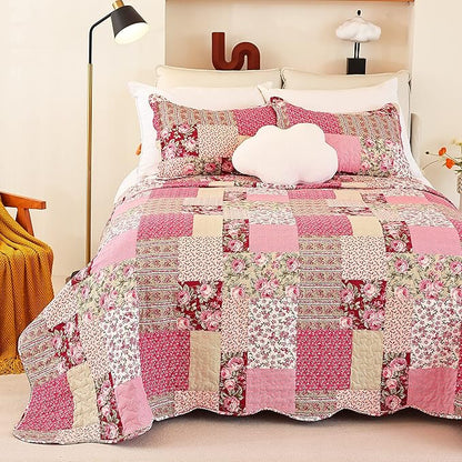 Cmfshape Summer Floral Queen Quilted Bedspread,Romantic Pink Quilt Set Full,Reversible Stitched Bedding Set All Season,Soft Lightweight Coverlet with Pillow Cases (Hot Pink&Rose, Queen90 x90)