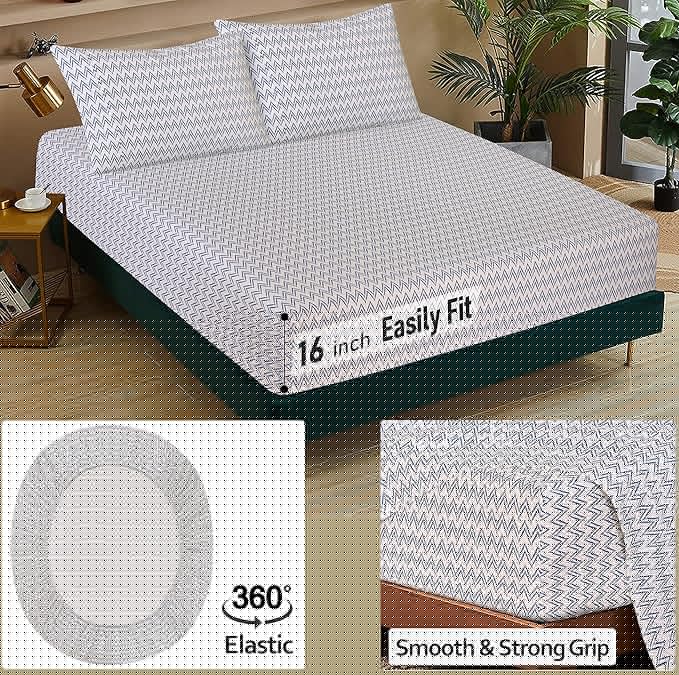 Bedding set with fitted sheet, pillowcases, and additional features displayed.