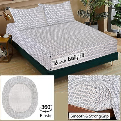 Bedding set with fitted sheet, pillowcases, and additional features displayed.