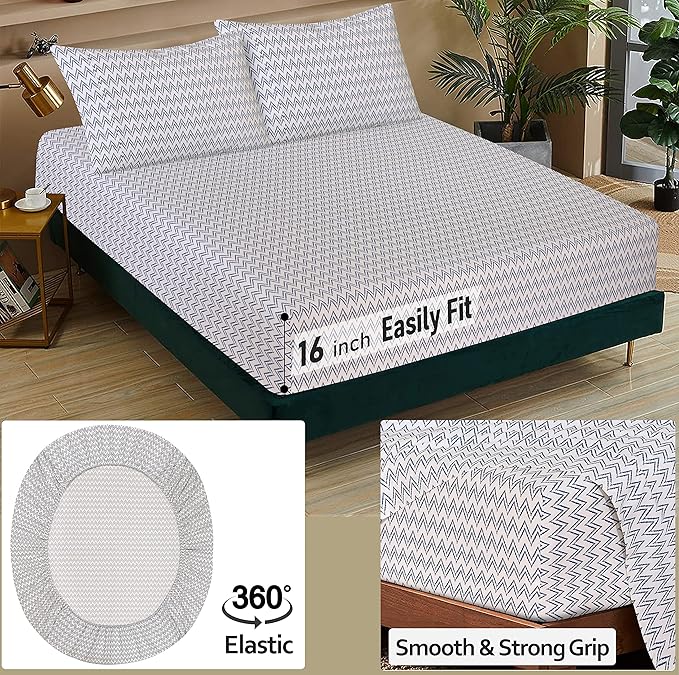Bedding set with fitted sheet, pillowcases, and additional features displayed.