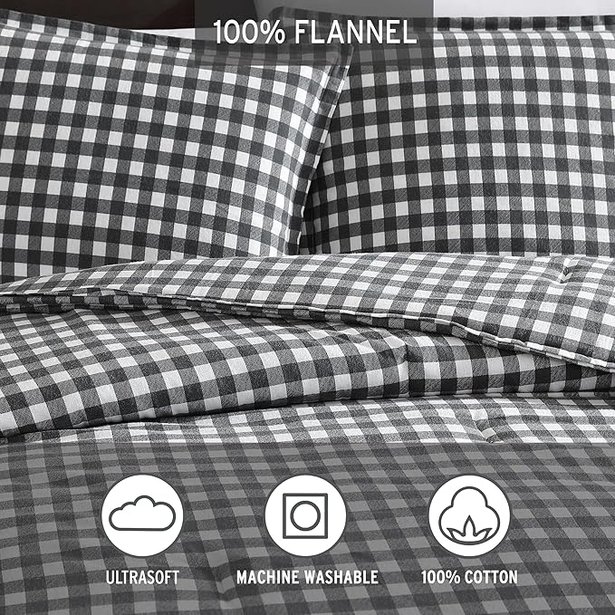 Black and white checkered flannel fabric with product features on a gray background