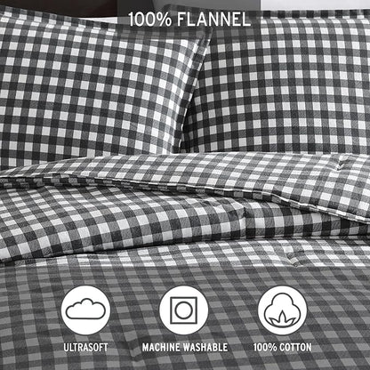 Black and white checkered flannel fabric with product features on a gray background