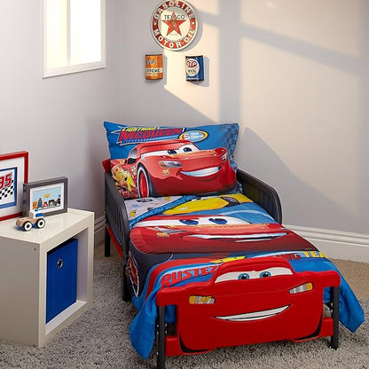 Children's bedroom with a toddler bed featuring a Disney Cars theme.