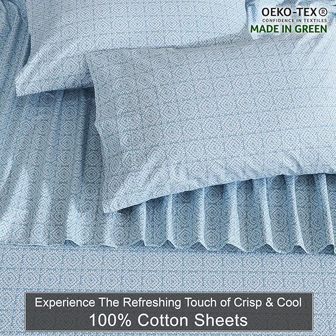 ZOYER 100% Cotton Sheets – California King Percale Bedding, Cooling & Breathable, Durable with a Crisp, Soft & Comfortable Feel, 14" Deep Pocket, 4-Piece Set, Teal Geo