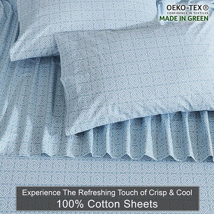 ZOYER 100% Cotton Sheets – California King Percale Bedding, Cooling & Breathable, Durable with a Crisp, Soft & Comfortable Feel, 14" Deep Pocket, 4-Piece Set, Teal Geo
