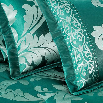 Teal fabric with white floral pattern and decorative border