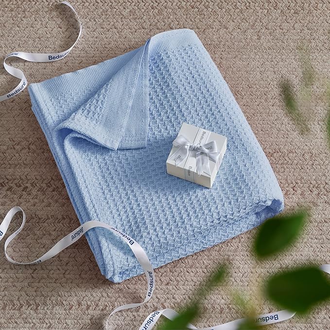 Bedsure Gentlesoft 100% Cotton Blue Blanket Queen Size for Bed - Cooling Breathable and Soft for Spring Summer, Thick Cozy Waffle Weave Blanket Gifts for Women, Sky Blue, 90x90 Inches