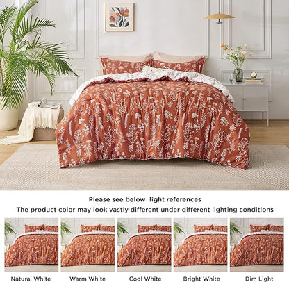 Bedding set with floral pattern in a bedroom setting, featuring light references for color accuracy.