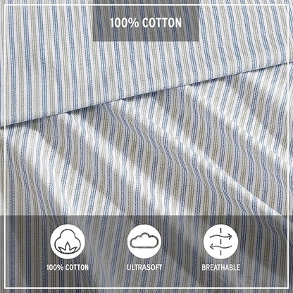 Eddie Bauer - Queen Sheets, Cotton Percale Bedding Set, Crisp & Cool Home Decor (Ticking Stripe Navy/Green, Queen)