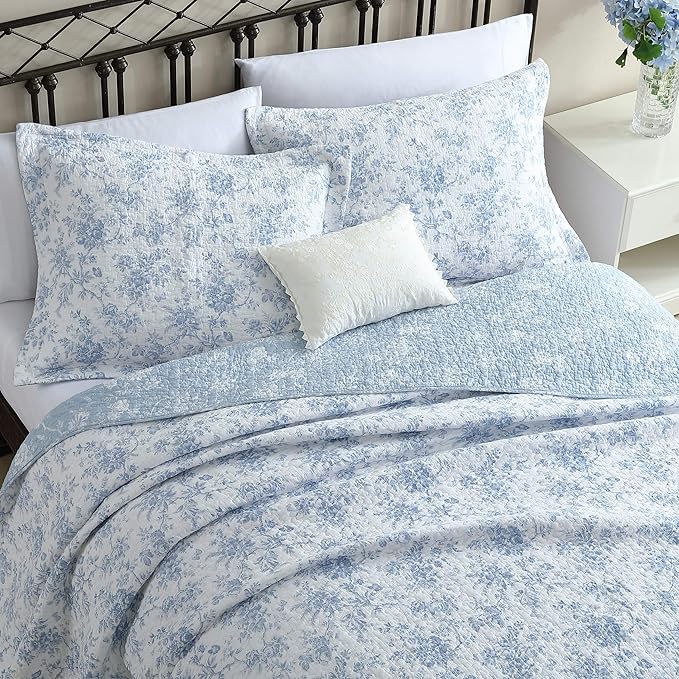 Laura Ashley - King Quilt Set, Soft & Reversible Cotton Floral Bedding with a Medium Weight Feel, 3 Piece Bed Set with Matching Pillowcases (Walled Garden Blue)
