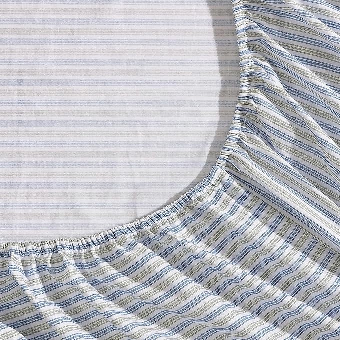 Eddie Bauer - King Sheets, Cotton Percale Bedding Set, Crisp & Cool Home Decor (Ticking Stripe Navy/Green, King)