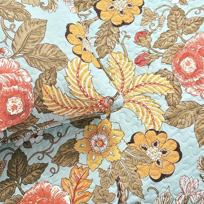 Lush Decor Sydney Reversible Cotton Quilt Set, 3 Piece Set, King, Blue & Green - Cotton Bedding Set - Blue Floral Quilt - Cottage Decor - Bedding King Size