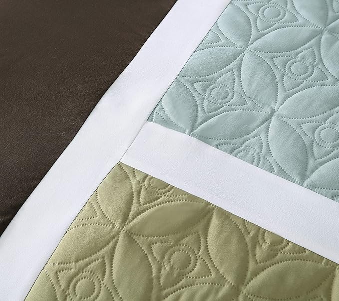 Chezmoi Collection Upland 7-Piece Quilted Patchwork Comforter Set, Coffee Brown/Aqua Blue/Sage Green, Oversized King