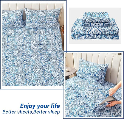 Softan Blue Paisley Printed Queen Size Sheet Set, Blue Floral Sheets Queen, Cozy Microfiber Fitted Sheet with 15" Deep Pocket & Non-Slip Straps, Flower Patterned Sheets & Pillowcase Sets