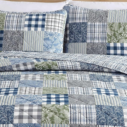 Eddie Bauer - Queen Quilt Set, Reversible Cotton Bedding with Matching Shams, Patchwork Luxurious Bedding Set with Plaid Reverse (Cozy Plaid Patchwork Blue/Green, Queen)