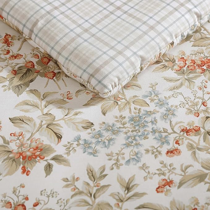 Laura Ashley - King Comforter Set, Reversible Cotton Bedding with Matching Shams, Floral Home Decor with Plaid Reverse (Bramble Floral Beige, King)