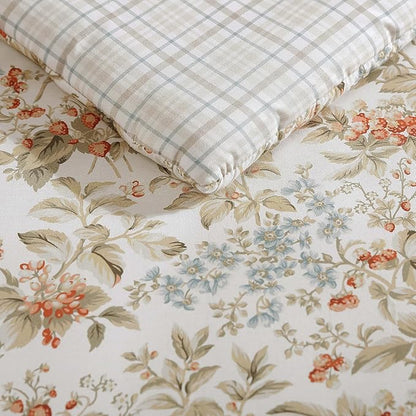 Laura Ashley - King Comforter Set, Reversible Cotton Bedding with Matching Shams, Floral Home Decor with Plaid Reverse (Bramble Floral Beige, King)