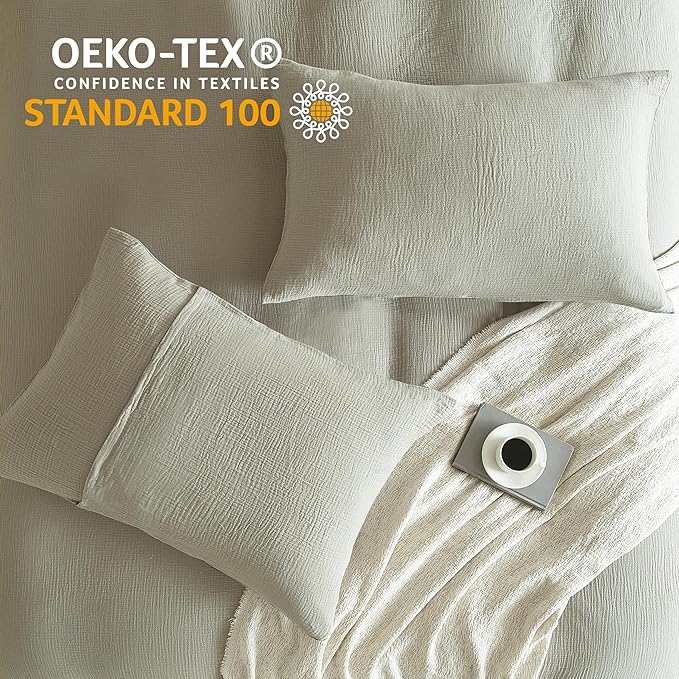 SE SOFTEXLY Muslin Duvet Cover California King Size, 100% Washed Cotton Duvet Cover Set, Ultra Soft Comforter Cover Linen Like, 3 Pieces Gauze Duvet Cover with 2 Pillowcases, 98"x104", Smoky-Green