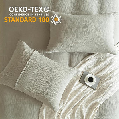 SE SOFTEXLY Muslin Duvet Cover California King Size, 100% Washed Cotton Duvet Cover Set, Ultra Soft Comforter Cover Linen Like, 3 Pieces Gauze Duvet Cover with 2 Pillowcases, 98"x104", Smoky-Green