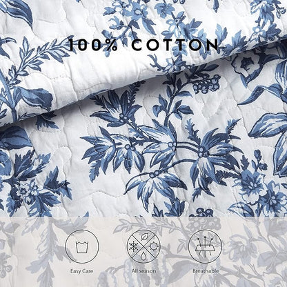 Laura Ashley - Twin Quilt Set, Soft & Reversible Cotton Floral Bedding with a Medium Weight Feel, 2 Piece Bed Set with Matching Pillowcases (Bedford Delft Blue)