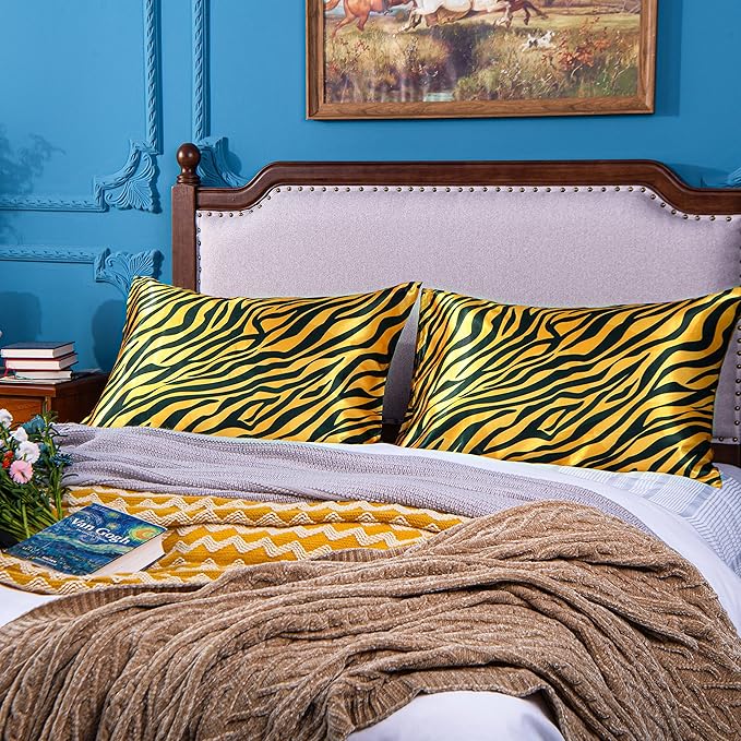 NTBAY 2 Pack Satin King Pillowcases for Hair and Skin, Luxurious and Silky Zebra Printed Pillow Cases with Envelope Closure, 20x36 Inches, Yellow and Black