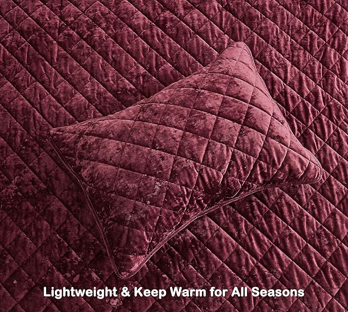 Chezmoi Collection Lux Burgundy Velvet Quilt King Set, 3-Piece Lush Plush Distressed Velvet Bedding All Season Lightweight Comforter Brushed Microfiber Reverse with Diamond Stitch Quilting