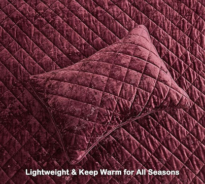 Chezmoi Collection Lux Burgundy Velvet Quilt King Set, 3-Piece Lush Plush Distressed Velvet Bedding All Season Lightweight Comforter Brushed Microfiber Reverse with Diamond Stitch Quilting