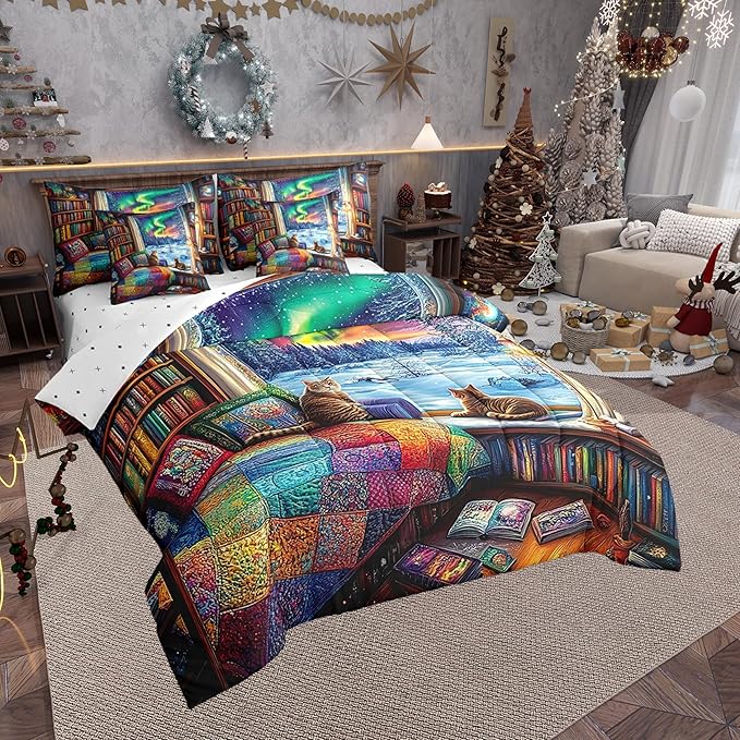 Castle Fairy Farmhouse Style Queen Comforter Set with Sheets Bed in a Bag 7 Pcs,Kawaii Cat Winter Bed Set,Rainbow Galaxy Sky Bedding Sets with Comforter,Flat,Fitted Sheet,Pillowcases,Pillow Covers