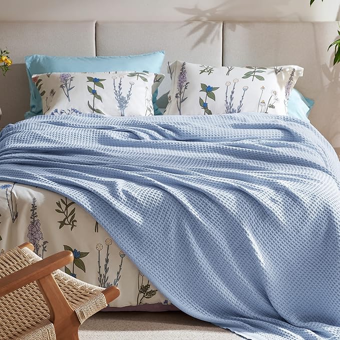 Bedsure Gentlesoft 100% Cotton Blanket King Size for Bed - Cooling Breathable and Soft for Spring Summer, Thick Cozy Waffle Weave Blanket Gifts for Women, Sky Blue, 104x90 inches