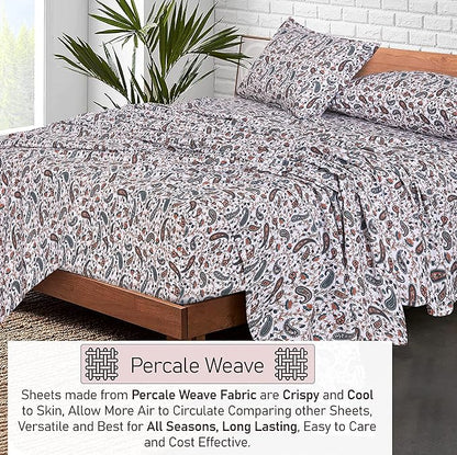 RUVANTI 100% Cotton Sheets – Queen Size Percale Bedding, Cooling & Breathable Floral Design, Durable with a Crisp, Soft & Comfortable Feel, 16" Deep Pocket, 4-Piece Set, Teal Paisley