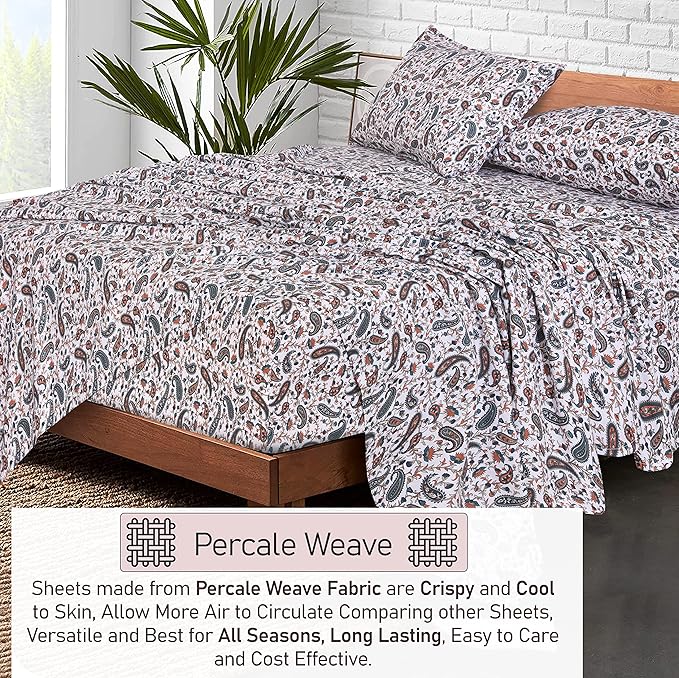 RUVANTI 100% Cotton Sheets – Split King Size Percale Bedding, Cooling & Breathable Floral Design, Durable with a Crisp, Soft & Comfortable Feel, 16" Deep Pocket, 5-Piece Set, Teal Paisley