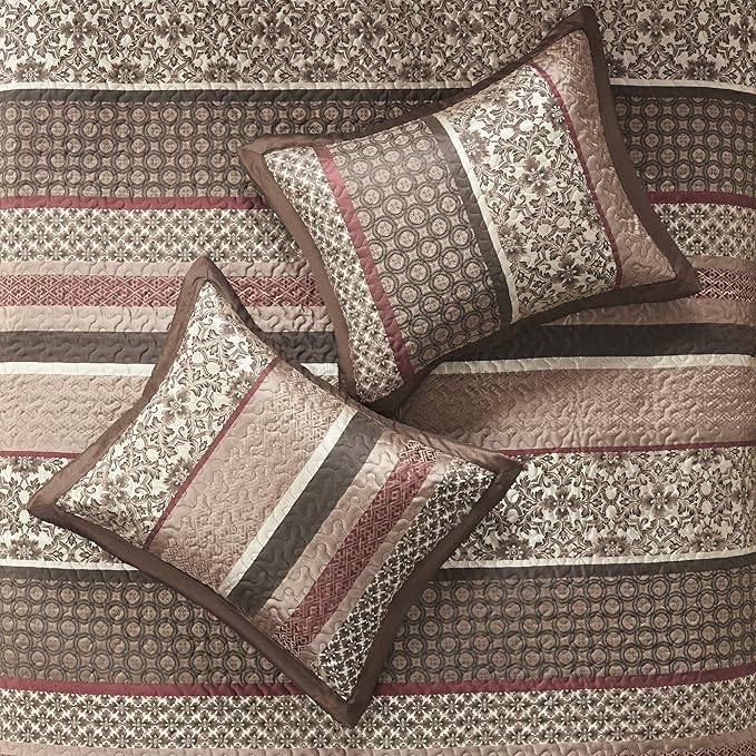 Madison Park Princeton Reversible Quilted Bedspread Set, Solid Reverse Summer Breathable, Lightweight All Season Bedding Layer, Matching Shams, Bedspread King(120"x118"), Red 5 Piece