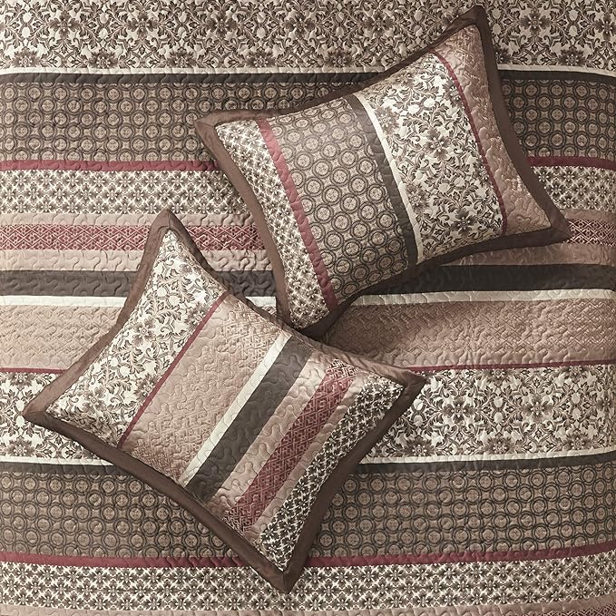 Madison Park Princeton Reversible Quilted Bedspread Set, Solid Reverse Summer Breathable, Lightweight All Season Bedding Layer, Matching Shams, Bedspread Queen(102"x118"), Red 5 Piece