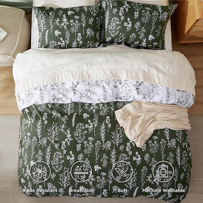 Bedding set with floral pattern and text on a bed