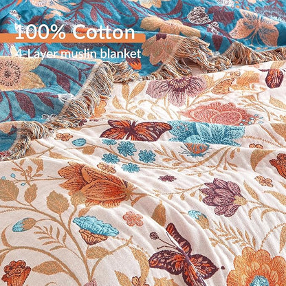 Boho Throw Blanket for Bed 90”x98”, 100% Cotton Woven Blanket for Couch Sofa, Ultra Soft 4-Layer Muslin Quilt with Floral Printed, Farmhouse Bed Blanket/Cover for Living Room Decor