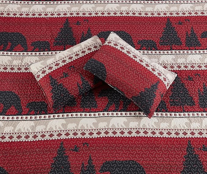 Virah Bella 3 Piece Full/Queen Cabin Quilt Bedding Set - Creekside Bear - Rustic Country Reversible Patchwork Comforter Set with Decorative Pillow Shams
