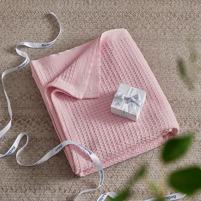 Bedsure Gentlesoft 100% Cotton Blanket King Size for Bed - Breathable and Soft for Spring Summer, Thick Cozy Waffle Weave Blanket Gifts for Women, Pink, 104x90 inches