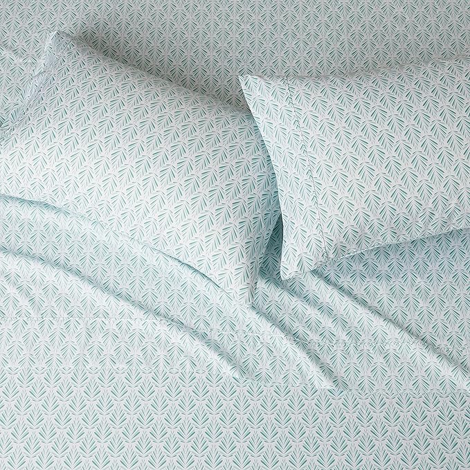 Amazon Basics Lightweight Breathable Brushed Microfiber 4-Piece Bed Sheet Set with 14-Inch Deep Pockets, Wrinkle Resistant, Queen, Aqua Fern, Printed