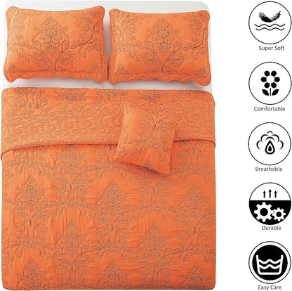 Home Soft Things Damask 4 Piece Bedspread Set, Scalloped Edge Reversible Quilt Coverlet Comforter Prewashed Bedding Set, Matelasse Embossed Floral Solid Pattern,Nectarine Oversize King(120" x 120")