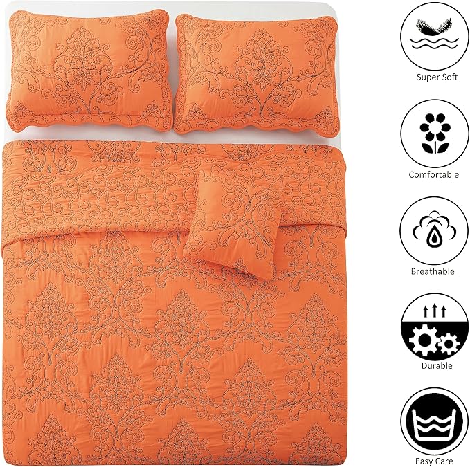 Home Soft Things Damask 4 Piece Bedspread Set, Scalloped Edge Reversible Quilt Coverlet Comforter Prewashed Bedding Set, Matelasse Embossed Floral Solid Pattern,Nectarine Oversize Queen(110" x 120")