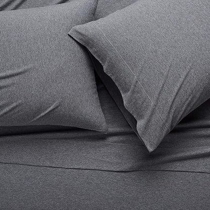 Amazon Basics 4 Piece Bed Sheet Set, 100% Cotton Jersey, Includes Super Soft, Flat and Fitted Sheets, Pillowcase, Queen, Dark Gray, Solid