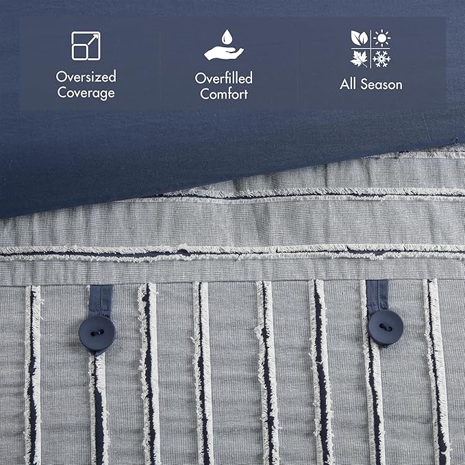 Madison Park Queen Comforter Cotton Clipped Jacquard, Oversized Comforters Queen Size Bed, All Season Down Alternative Overfilled Queen Size Comforter, Essence, Full/Queen, Blue 8 Piece