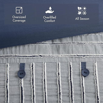 Madison Park Queen Comforter Cotton Clipped Jacquard, Oversized Comforters Queen Size Bed, All Season Down Alternative Overfilled Queen Size Comforter, Essence, Full/Queen, Blue 8 Piece