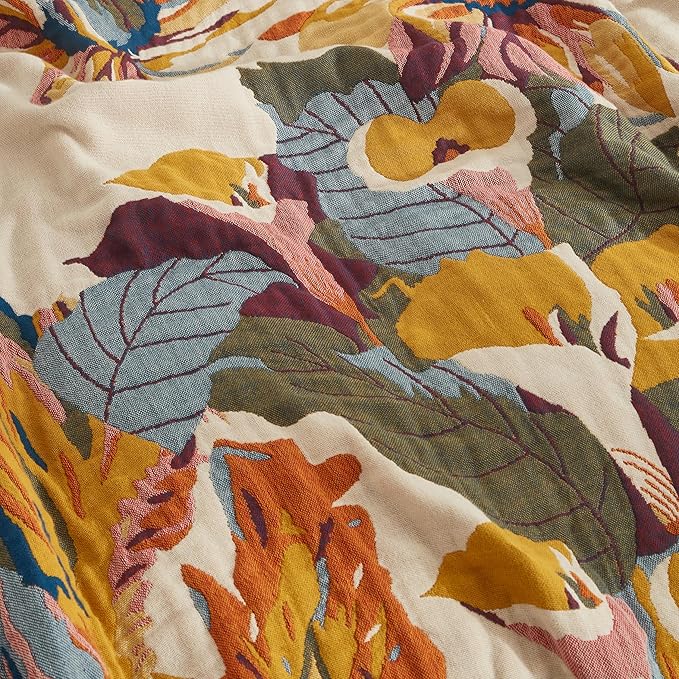 Boho Throw Blanket for Bed 50”x60”, 100% Cotton Woven Blanket for Couch Sofa, Ultra Soft 4-Layer Muslin Quilt with Floral Printed, Farmhouse Bed Blanket/Cover for Living Room Decor