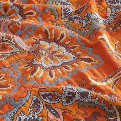 Boho Throw Blanket for Bed 60”x80”, 100% Cotton Woven Blanket for Couch Sofa, Ultra Soft 4-Layer Muslin Quilt with Vintage Floral Printed, Farmhouse Bed Blanket/Cover for Living Room Decor