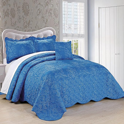 Home Soft Things Damask 4 Piece Bedspread Set,Scalloped Edge Reversible Quilt Coverlet Comforter Prewashed Bedding Set, Matelasse Embossed Floral Solid Pattern,Palace Blue Oversize King(120" x 120")