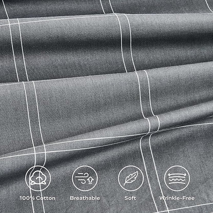 JELLYMONI 100% Natural Cotton Full Duvet Cover Set, 3pcs Plaid Duvet Cover Sets with Zipper Closure, Grid Geometric Pattern Comforter Cover, Dark Grey